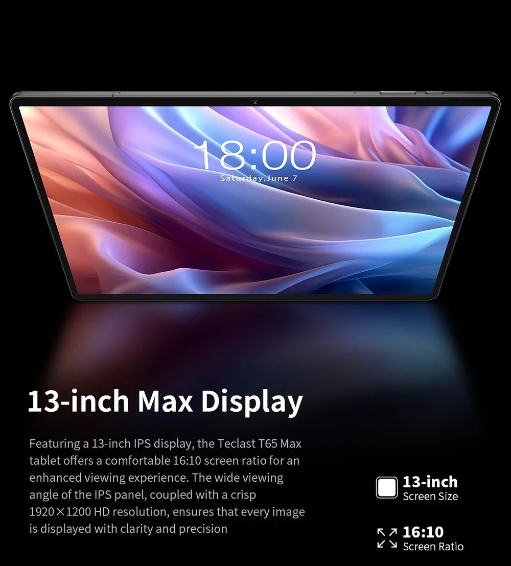 Teclast T65MAX Tablet MTK G99 Octa-Core 13inch FHD 1920x1200IPS 8GB RAM 256GB ROM Android 14 10000mAh 13MP+8MP WIFI2.4G+5G BT5.2