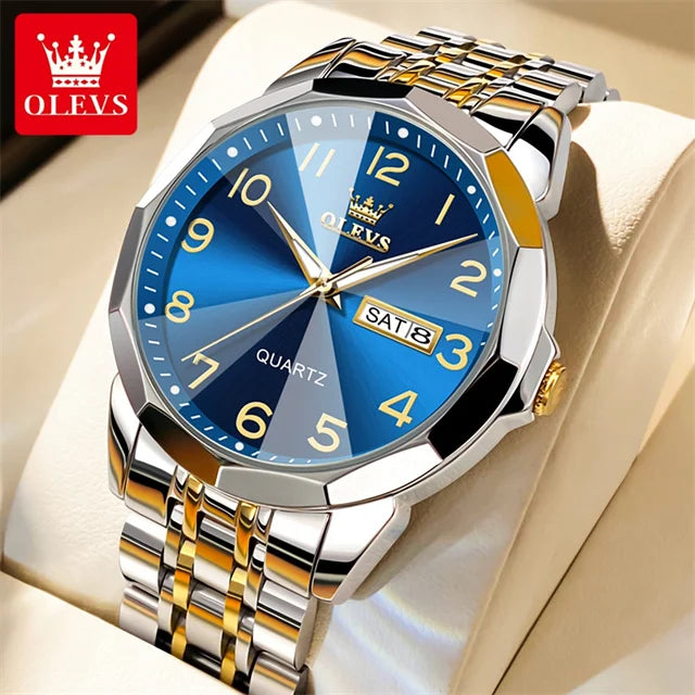OLEVS 9970 Luxury Couple Watch Men Women Stainless Steel Waterproof Calendar Wristwatch Digital Dial Rhombus Mirror Lovers Watch