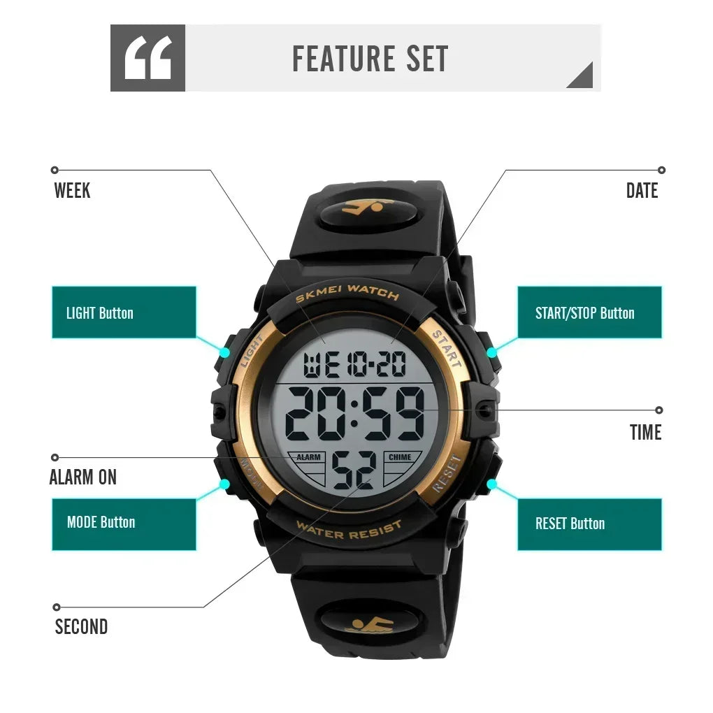 Skmei 1266  Children's Watch Boys and Girls' Alarm Clock Timing Digital 5Bar Waterproof Children's LED Watches 1258 1689 1999