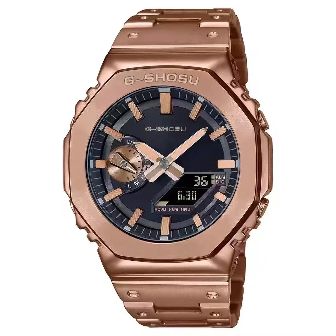 Electronic Digital Sports Unisex Watch Full Function LED Alloy Large Dial World Time Steel Strap GMB Oak Series