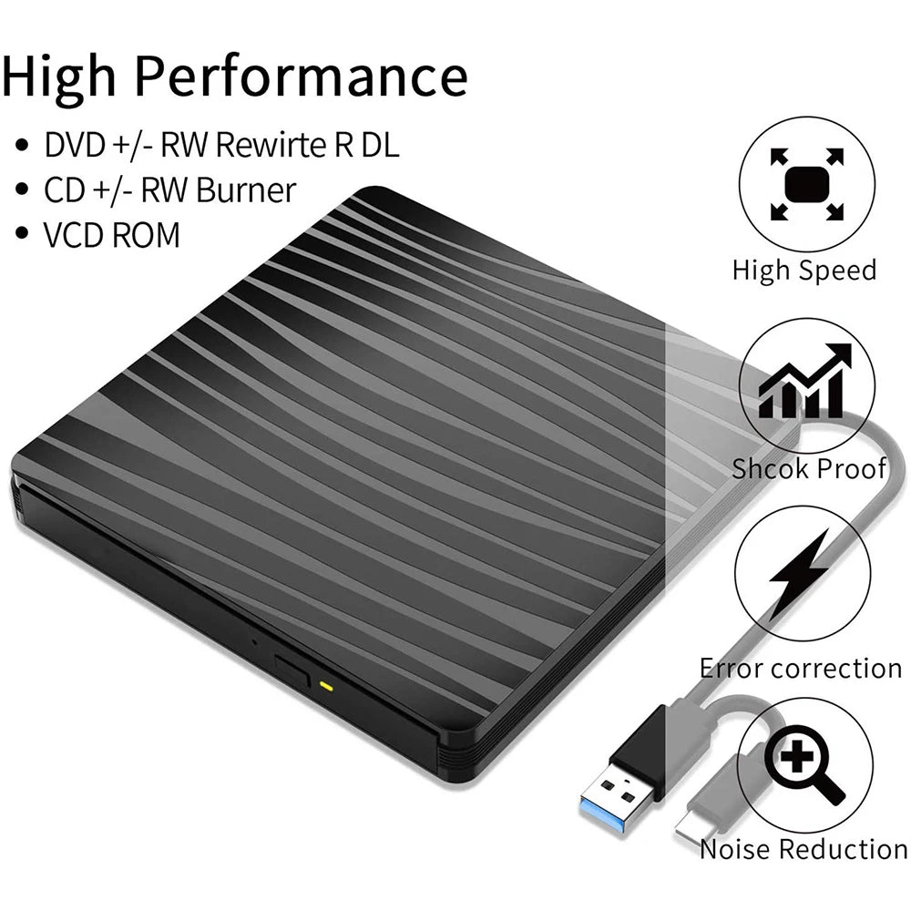 USB 3.0  Type C Portable DVD CD+/-RW External Burner Optical Drive ROM Disk Reader For Laptop PC Desktop MacBook iMac Windows11