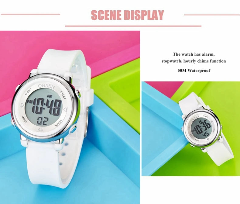 OHSEN Women Watches Digital LCD Watch Black Silicone Strap Kids Children Waterproof Wristwatch Sport Electronic relogio feminino
