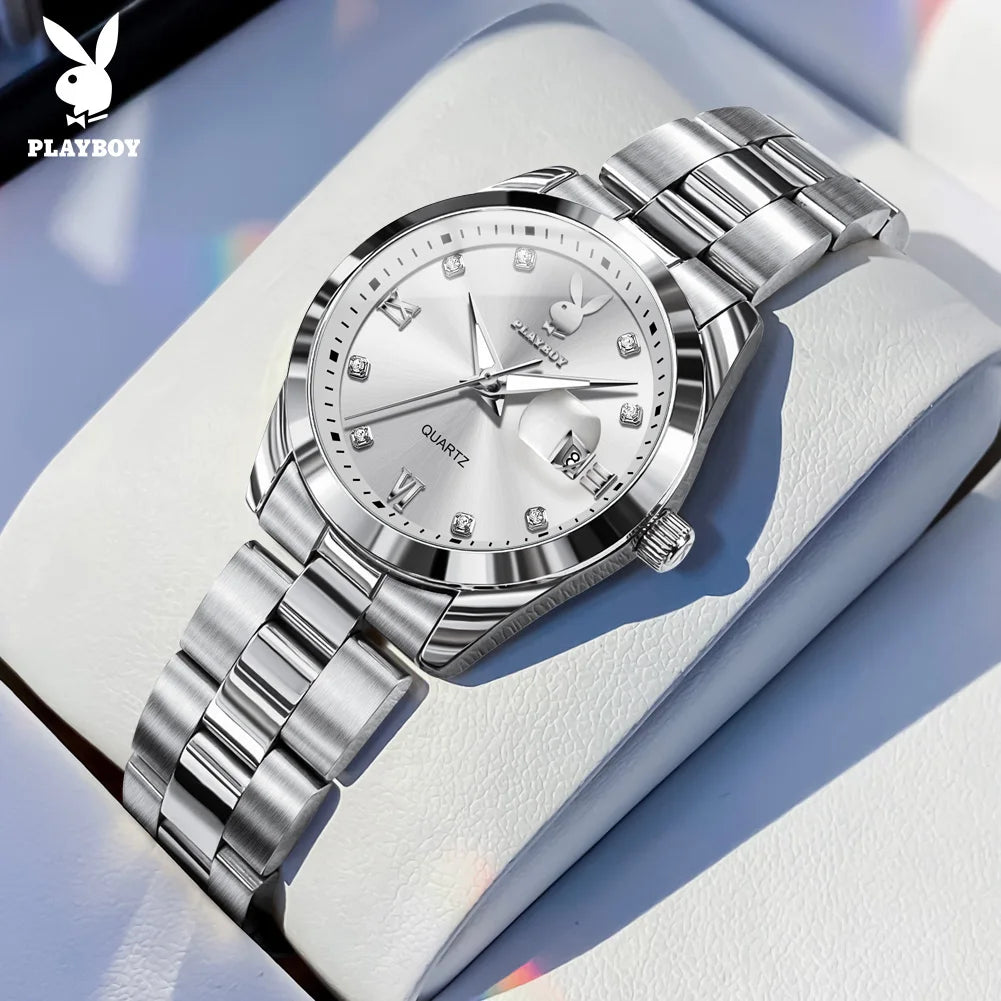 PLAYBOY New Original Luxury Women Watch Waterproof Calendar Luminous Stainless Steel Elegant Fashion Quartz Women's Wristwatch