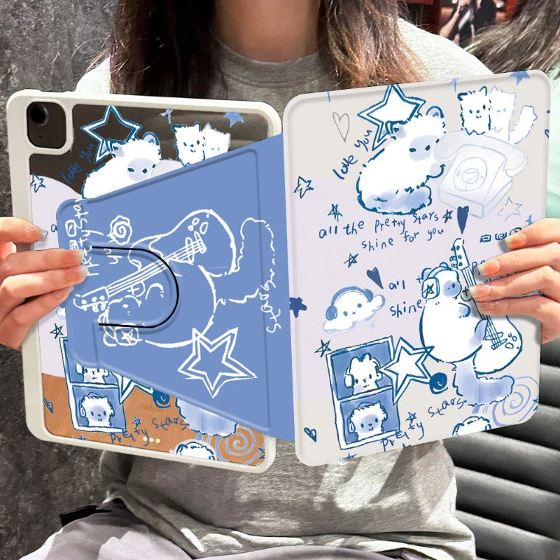 IPad Air 5 Air 4 10.9 Rotating Stand Tablet Cover for Ipad 5th 6th 9.7 10.2 9th 8th 7th IPad Pro 11 2022 Blue and White Dj Cat