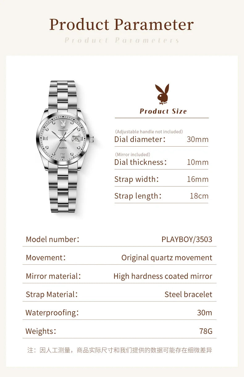 PLAYBOY New Original Luxury Women Watch Waterproof Calendar Luminous Stainless Steel Elegant Fashion Quartz Women's Wristwatch