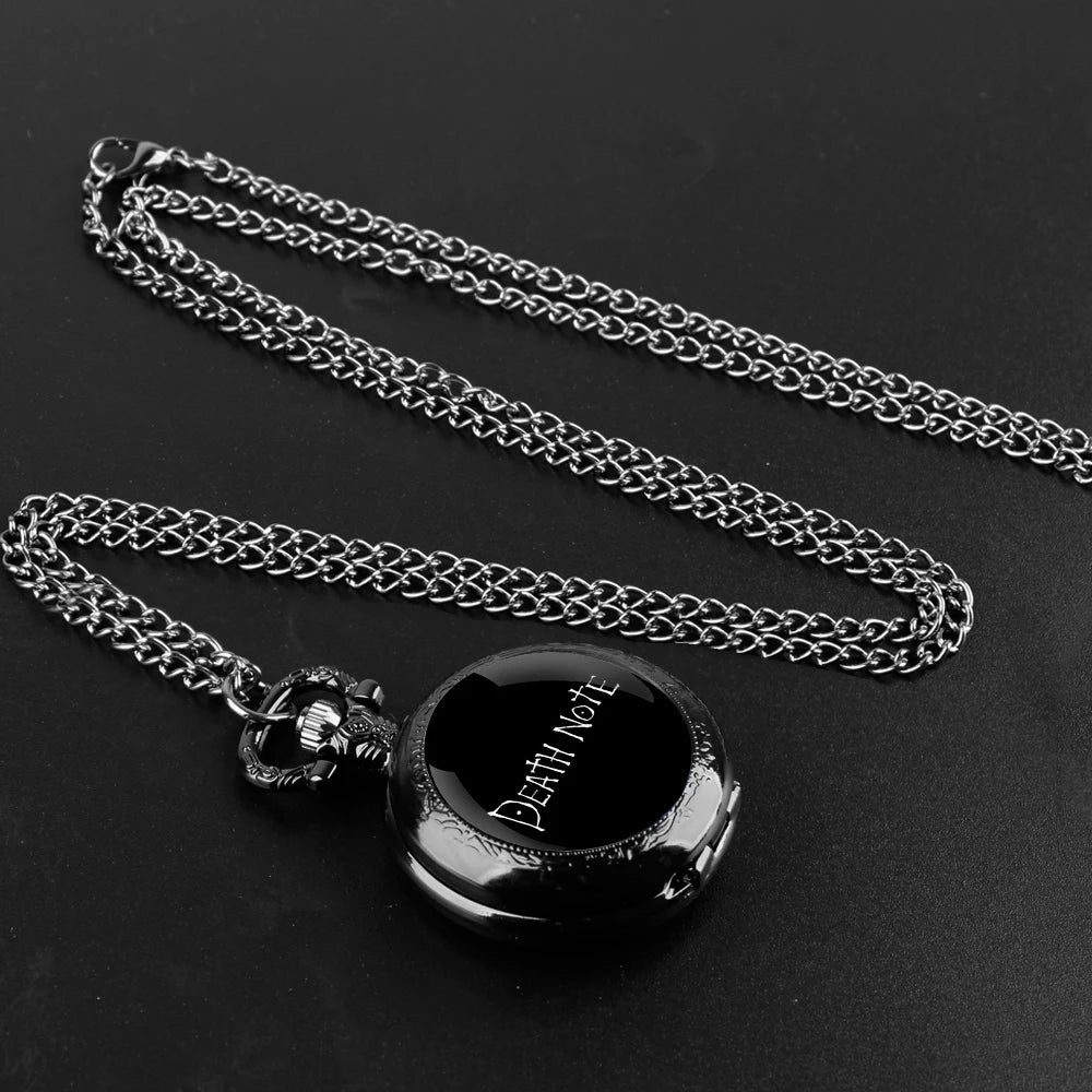 Death Note Design Black Quartz Pocket Watch Gift Set with Durable Chain and Arabic Numeral Face Timeless Present for Boy
