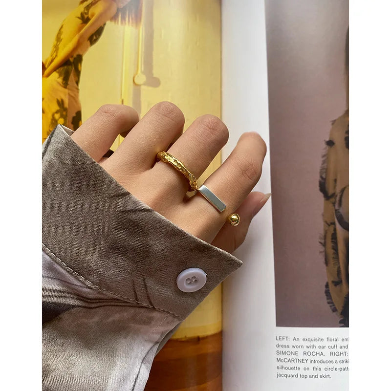 Real S925 Sterling Silver Rings Minimalist Contrast Color Open Ring Geometric Flat Glossry Index Finger Ring for Women