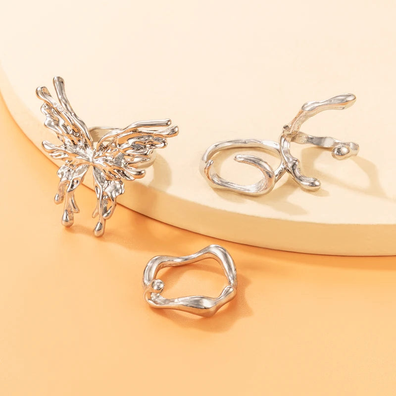 Tocona INS Big Butterfly Joint Ring Sets for Women Silver Color Geometry Alloy Metal Opening Ring Party Jewelry Anillo 22381