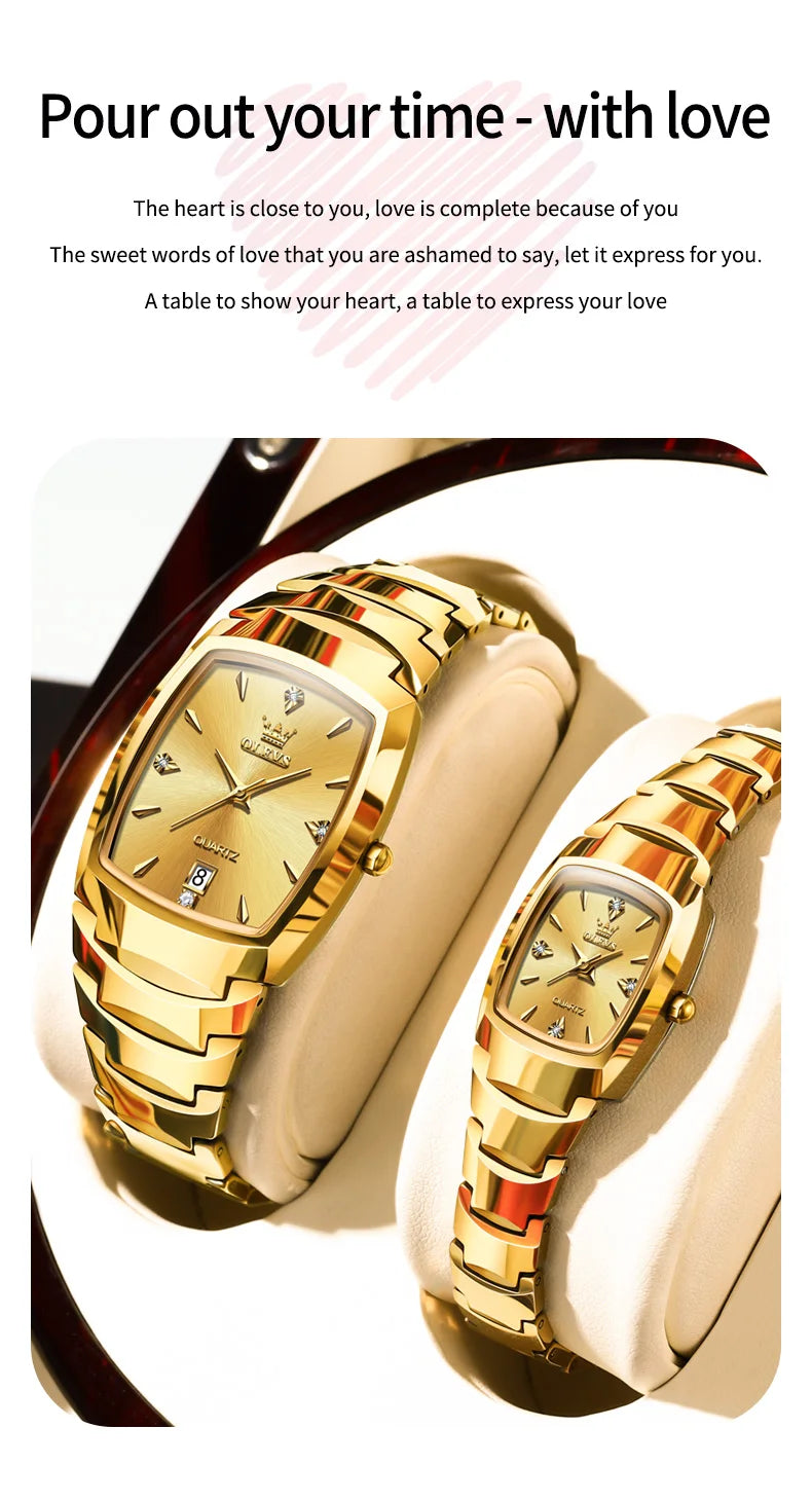OLEVS 7006 Tonneau Tungsten Steel Couple Watch for Men Women Luxury Brand Quartz Lover's Watch His or Hers Waterproof Wristwatch