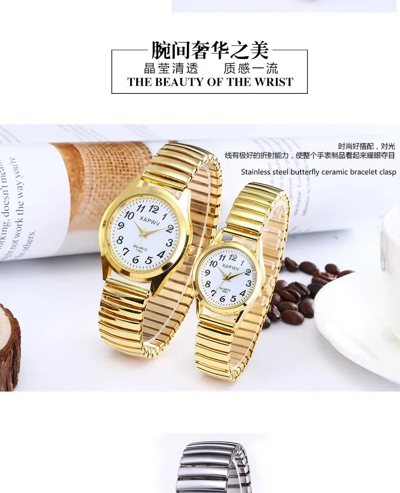 1PCs Classic Vintage Business Women Men Elastic Gold Sliver Quartz Watch Tide Lovers Couple Bracelet Watches Party Office Gifts