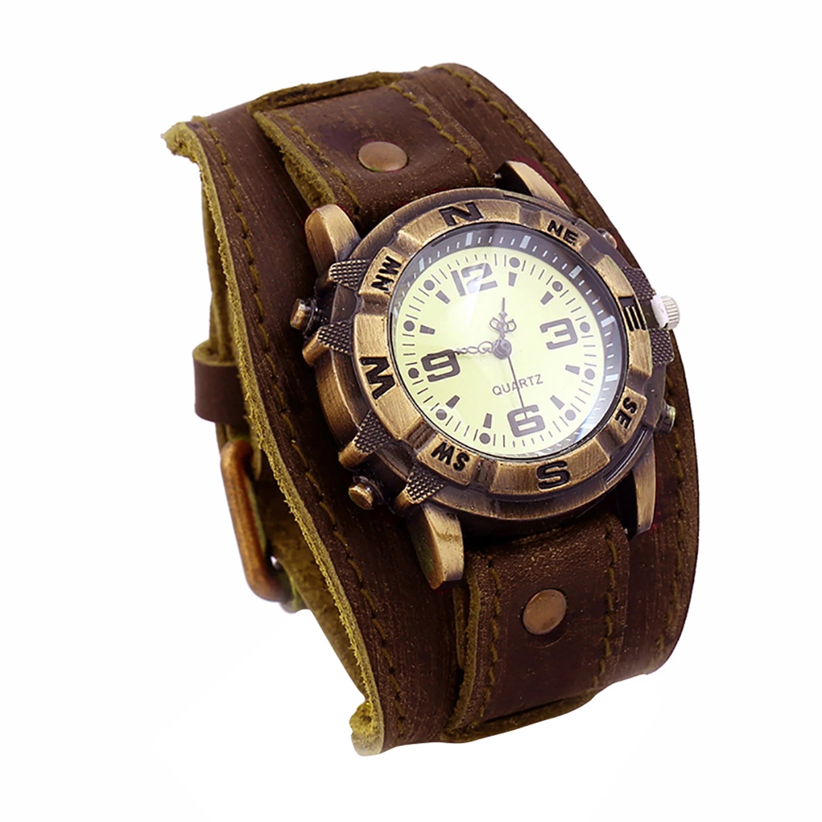 Dropshipping Vintage Women Men Punk Faux Leather Round Dial Quartz Bracelet Wrist Watches