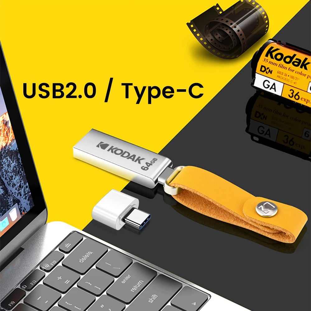KODAK USB 2.0 Flash Drive H2testw 32GB 64GB 128GB Pendrive Waterproof Memory Stick Leather Landyard Metal U Disk + Type-c Reader