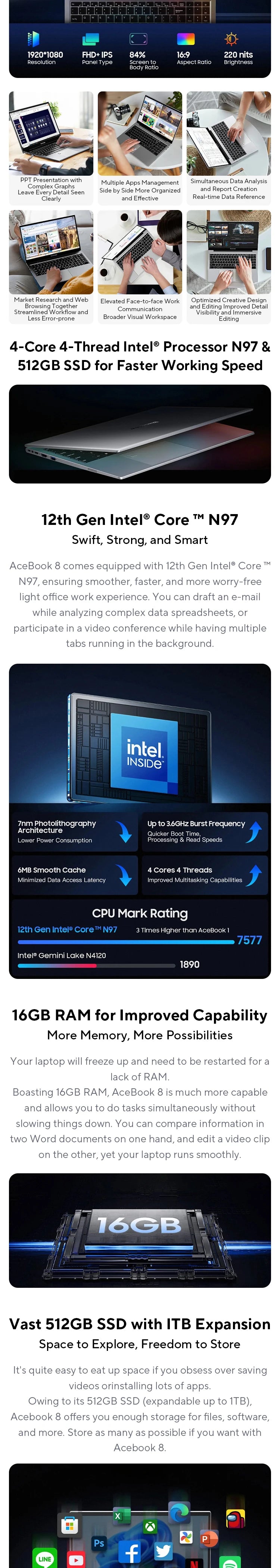 Blackview AceBook 8 Laptop 15.6" 12th Gen Intel Alder Lake N97 16GB RAM 512GB SSD + expansion up to 1TB Windows 11 Home 15.6"