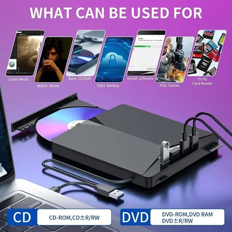 7-in-1 Portable DVD Drive USB 3.0 Type-C External RW CD Burner Drive Burner Reader Player Optical Drives For Laptop PC Netbook