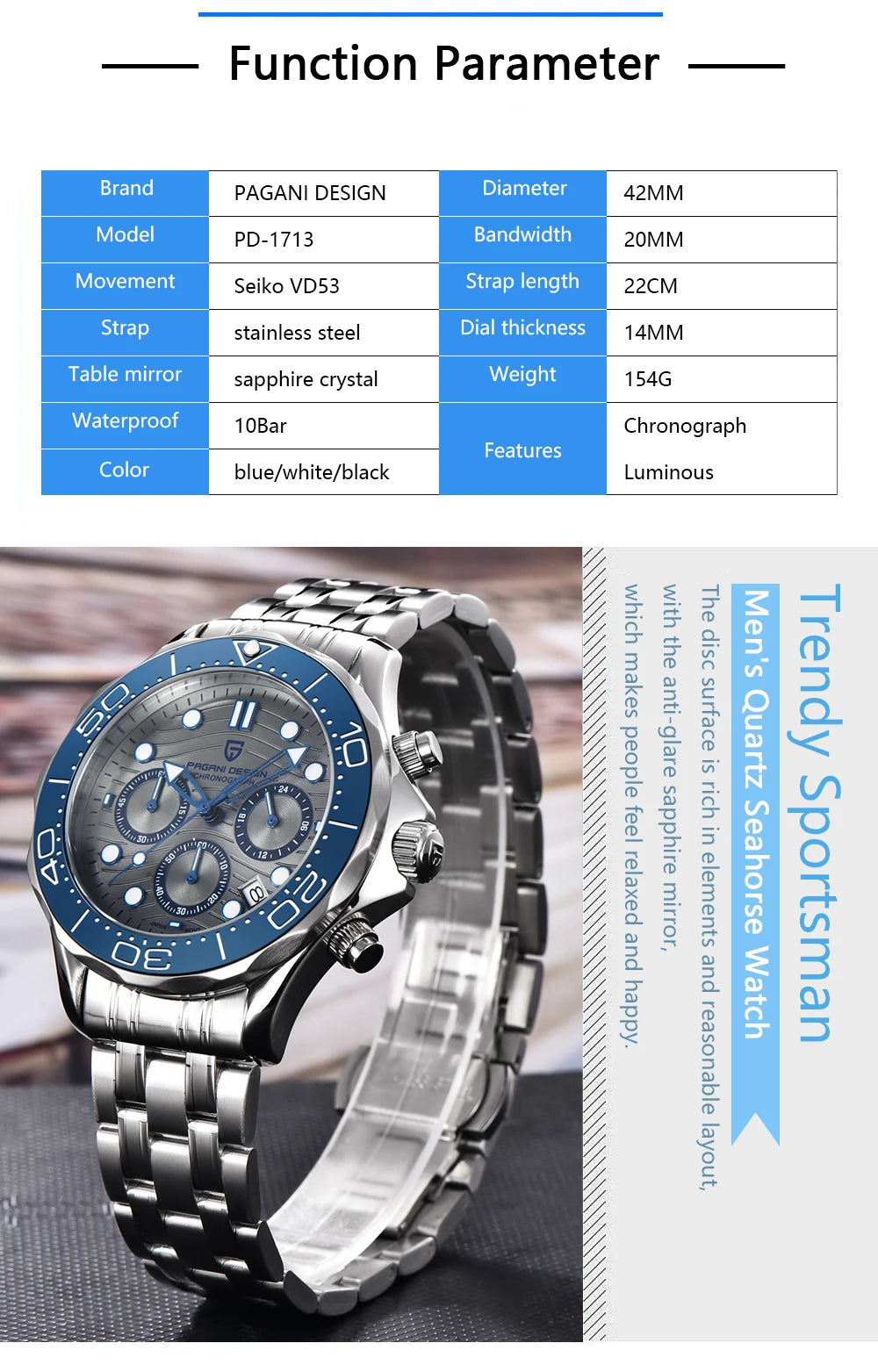 PAGANI DESIGN Men's Watches 2025 Top Brand Luxury Quartz Watch For Men Stainless Steel Chronograph Waterproof Sport VD53 Reloj