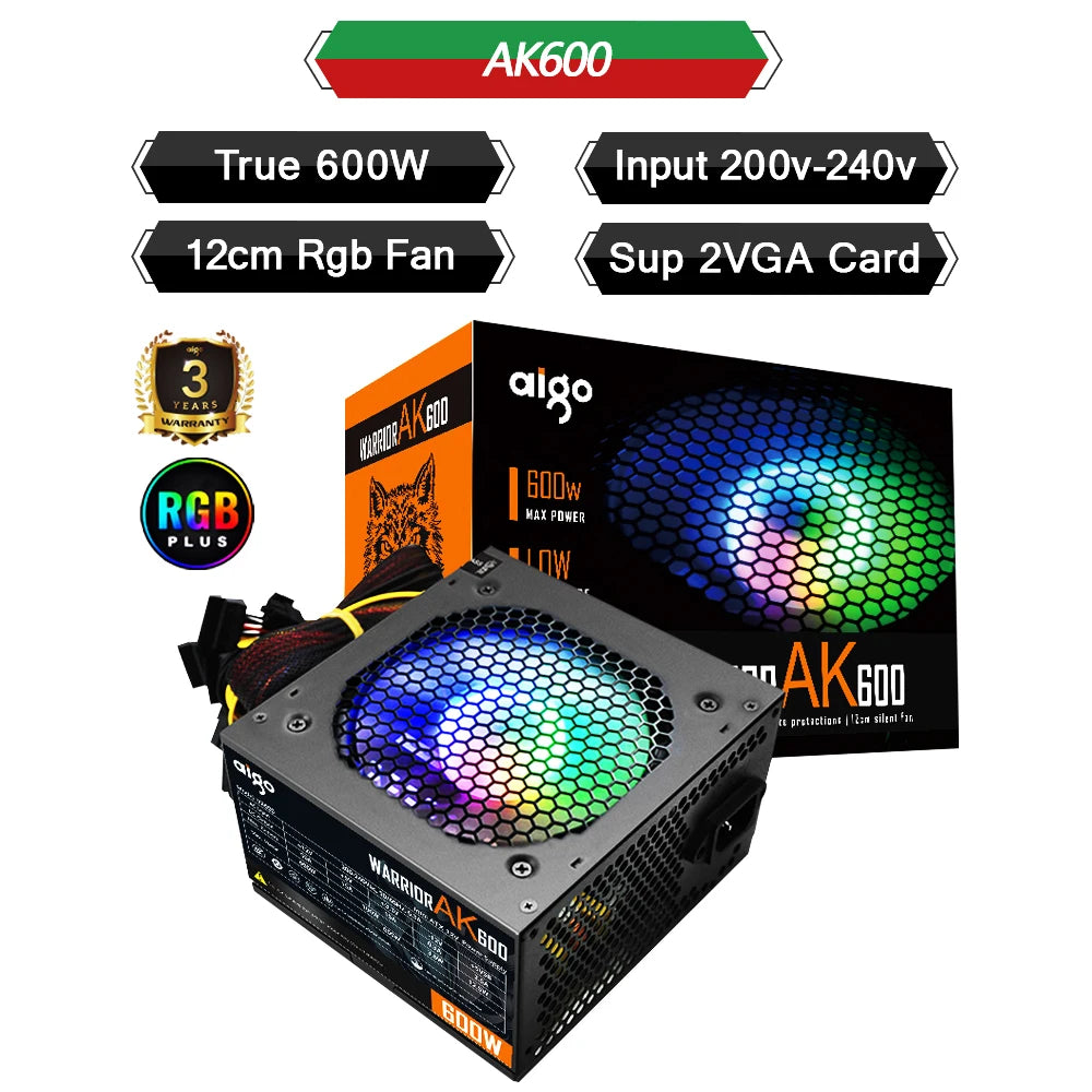 Aigo AK 500W 600W 700W PC PSU Power Supply Unit Gaming Quiet 120mm RGB Fan 220V ATX Desktop computer Power Supply for 7800x3d
