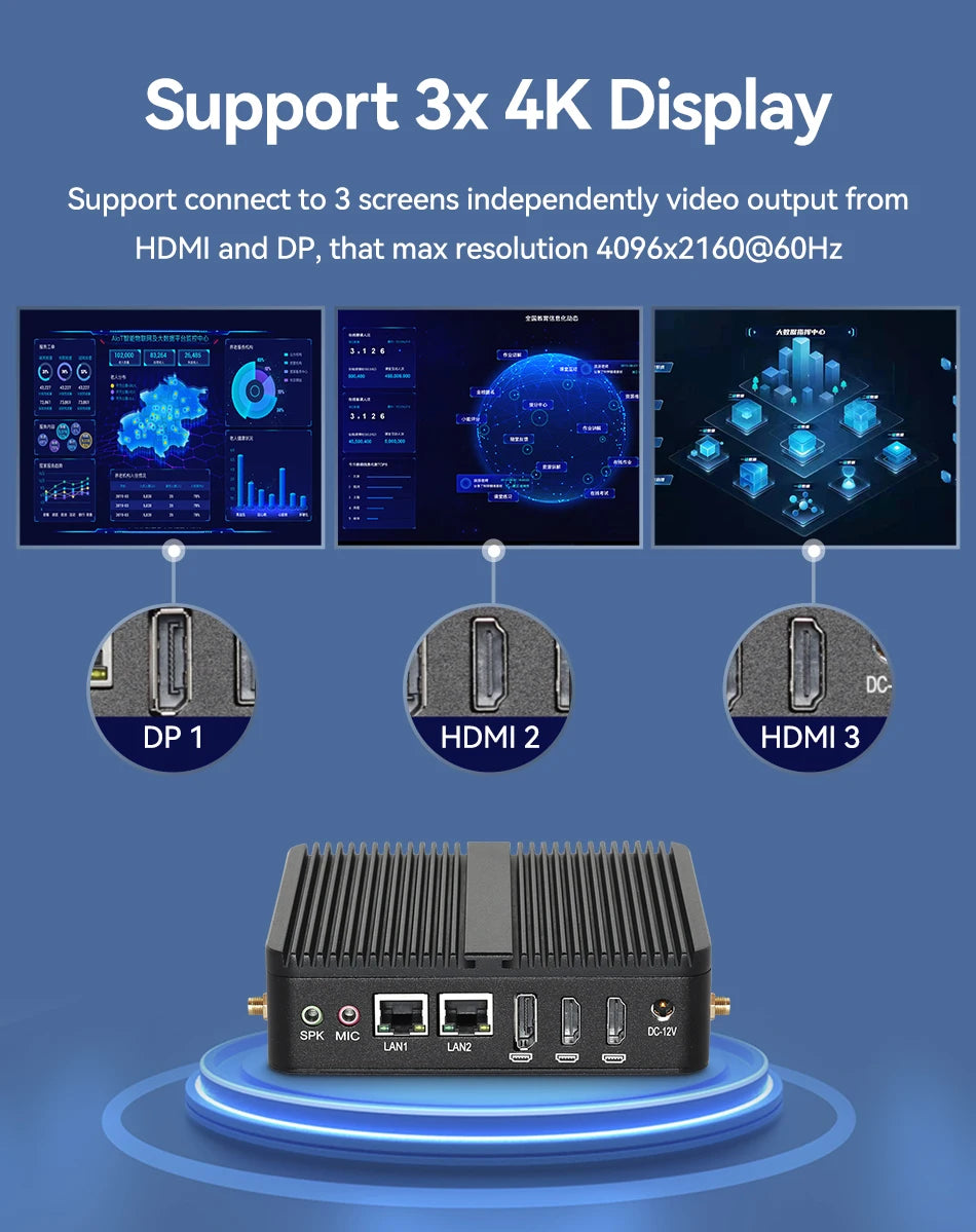 Intel N100 Mini Industrial PC 2x Serial Ports RS232 2x Gigabit Ethernet 2x HDMI 1xDP Support 3 Screens Display Win10/11 Linux