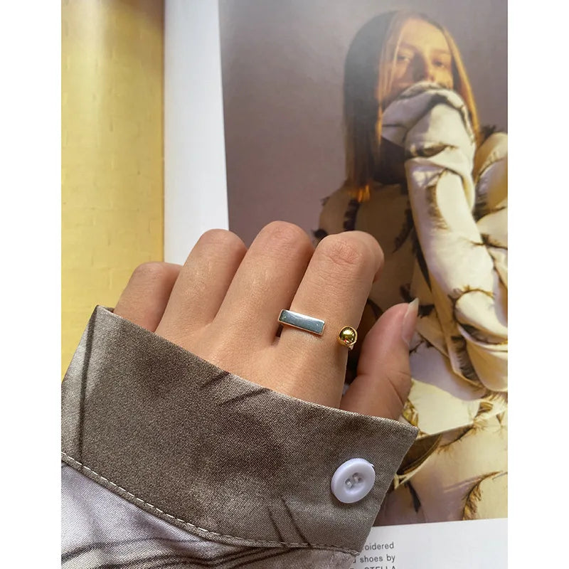 Real S925 Sterling Silver Rings Minimalist Contrast Color Open Ring Geometric Flat Glossry Index Finger Ring for Women