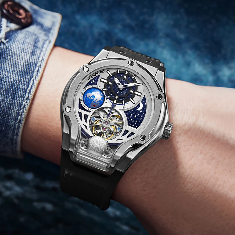 HANBORO fully automatic mechanical men's watch hollowed out wristwatch trend waterproof luminous watch