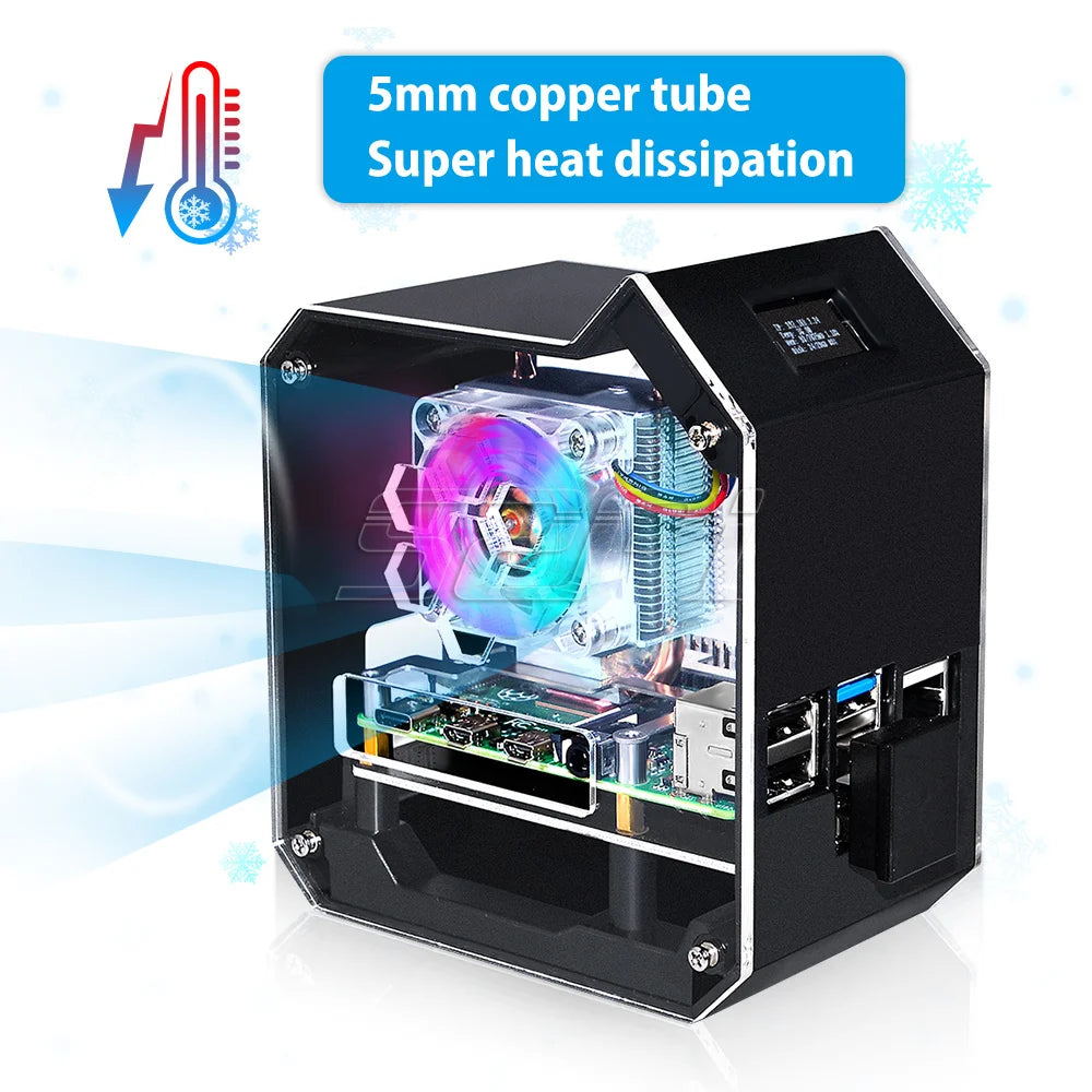 52Pi Raspberry Pi 4 Model B ABS Mini Tower NAS Kit with Ice Tower 0.96 Screen Dispaly for Raspberry Pi 4B
