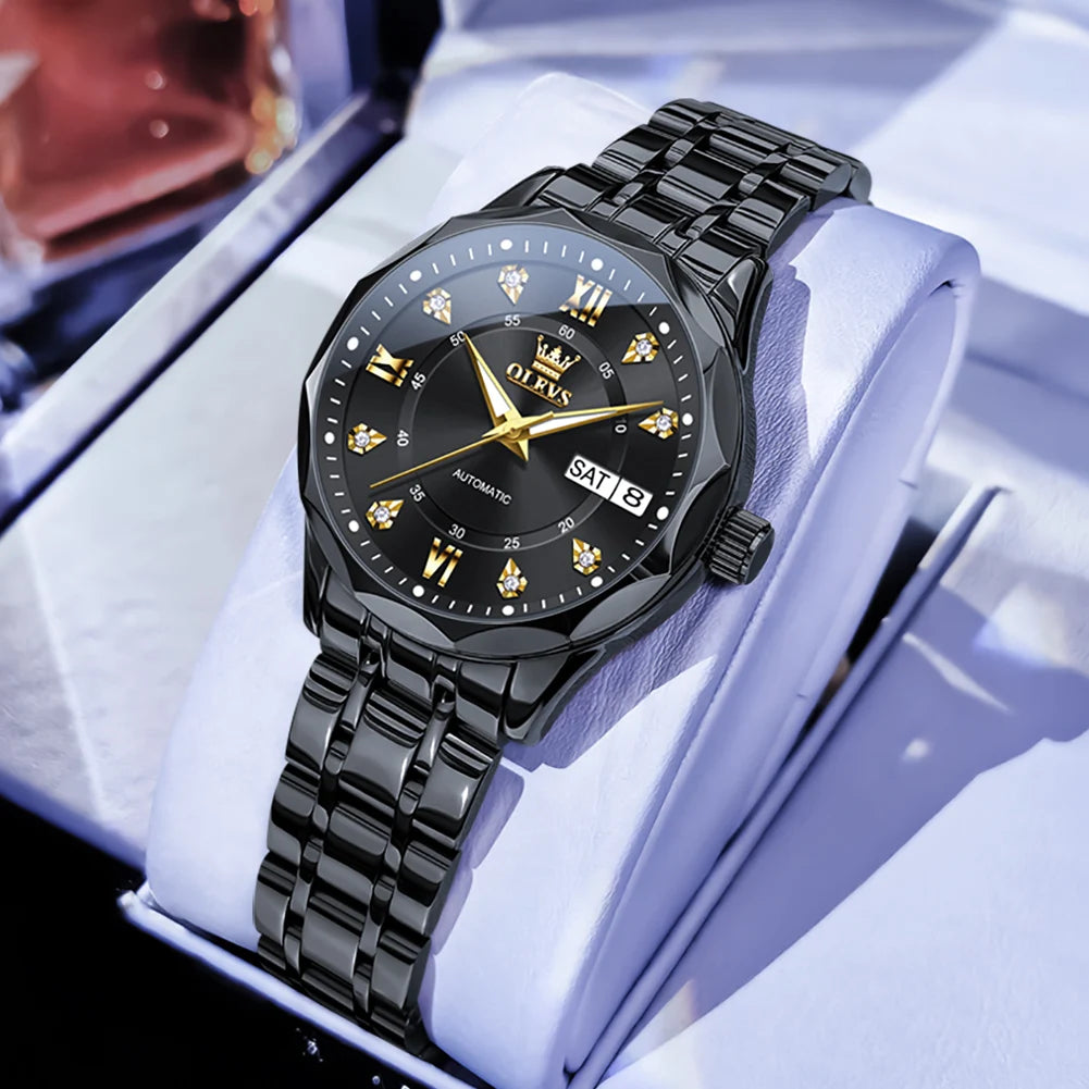 OLEVS 6727 Women's Watches Elegant Fashion Original Automatic Mechanical Watch for Lady Grey Double Scale Dial Waterproof Date