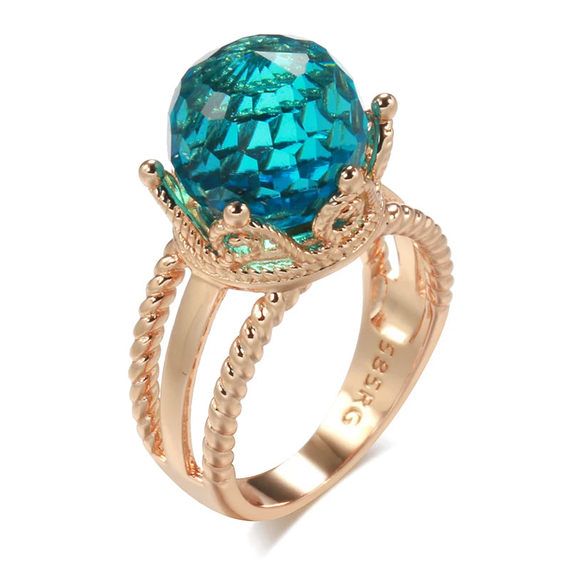 New Unusual 585 Rose Gold Crown Ring for Women Cut Emeral Ball Natural Zircon Ring Elegant Party Wedding Fine Jewelry
