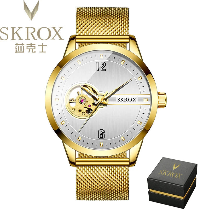 SKROX Elegant Luminous Waterproof Automatic Clockwork Tourbillon Skeleton Mechanical Men's Watch Mesh strap Luxury Wrist Watches