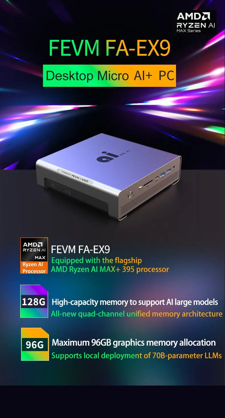 FEVM FA-EX9 AMD Ryzen AI MAX+ 395 Strix Halo 8060S GPU Mini PC LPDDR5X 128GB 8000MHz 70B LLMs Max 120W Power OCulink WiFI7 BT5.3
