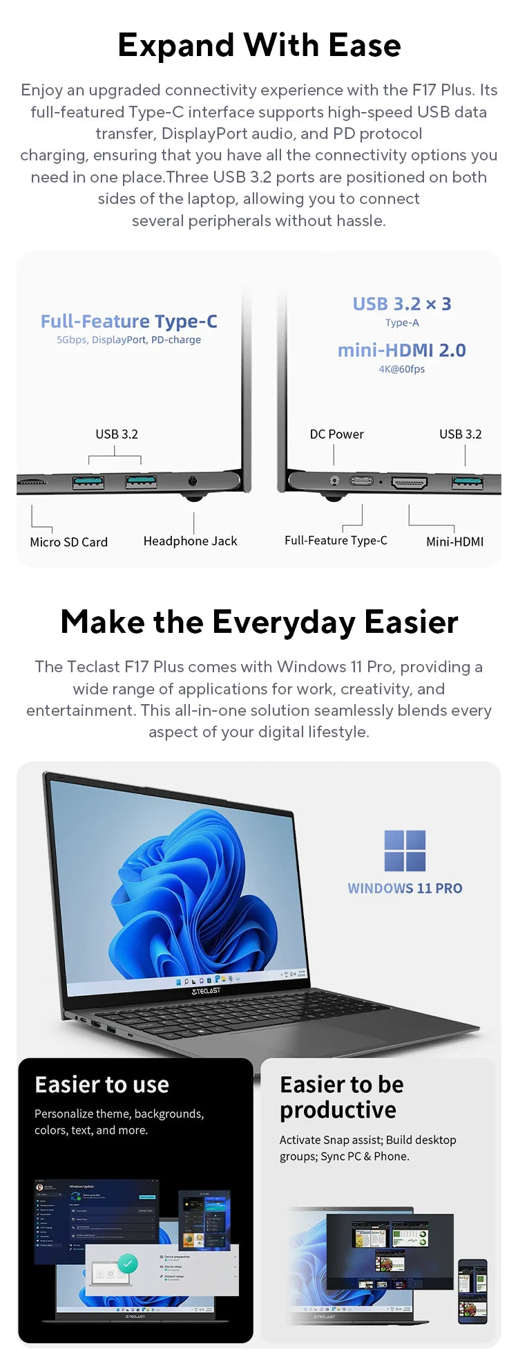 Teclast F17Plus 17.3 inch Laptop Intel N95 16GB RAM 512GB SSD Windows 11 Notebook 180° Flip Computer Backlit Keyboard mini-HDMI