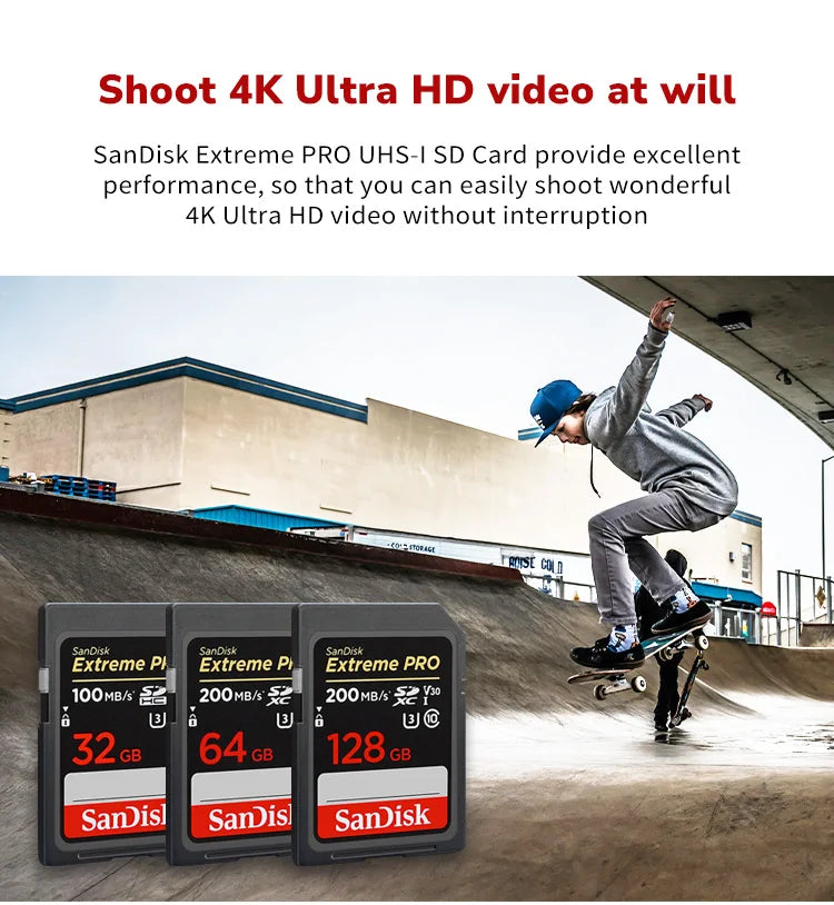 SanDisk Extreme PRO UHS-I Card 64GB 128GB 256GB 512GB 1TB Up to 200MB/s SD Card 32GB Up to 100MB/s Flash Memory Card for Camera