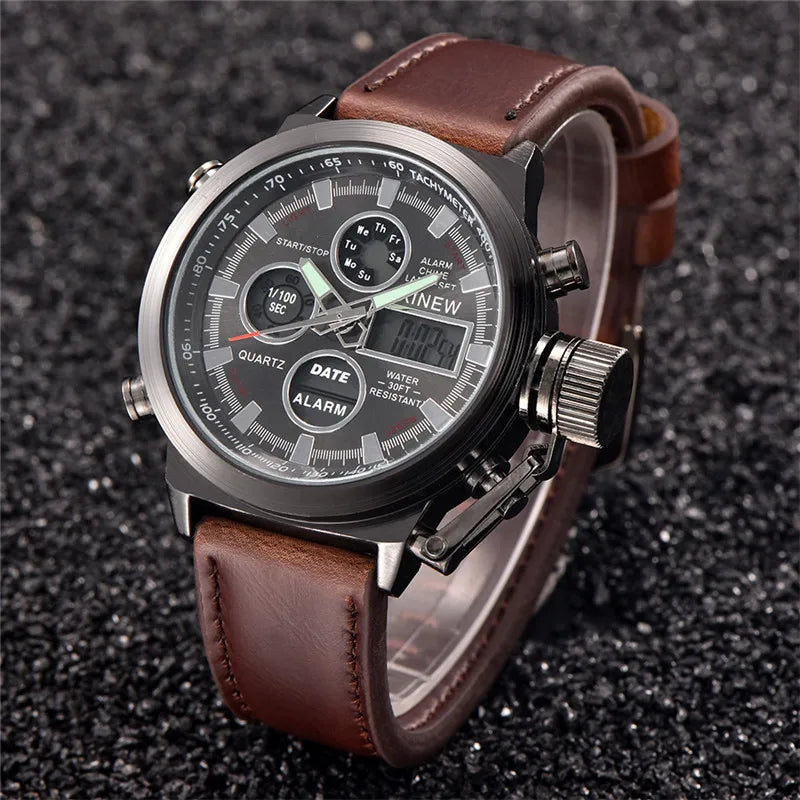 1pc / lot Men Genuine XINEW Brand Designer Watches Students Fashion Leather Band Alarm Stopwatch Electronic Watch Montre Homme