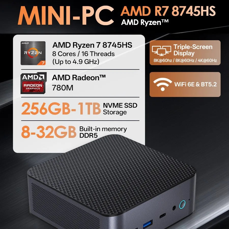 Mini PC Windows 11 Pro AMD Ryzen7 8745HS Mini Computer 32GB/64GB RAM DDR5 512GB/1TB PCIE M.2 SSD WiFi6 BT5.2 Small computer