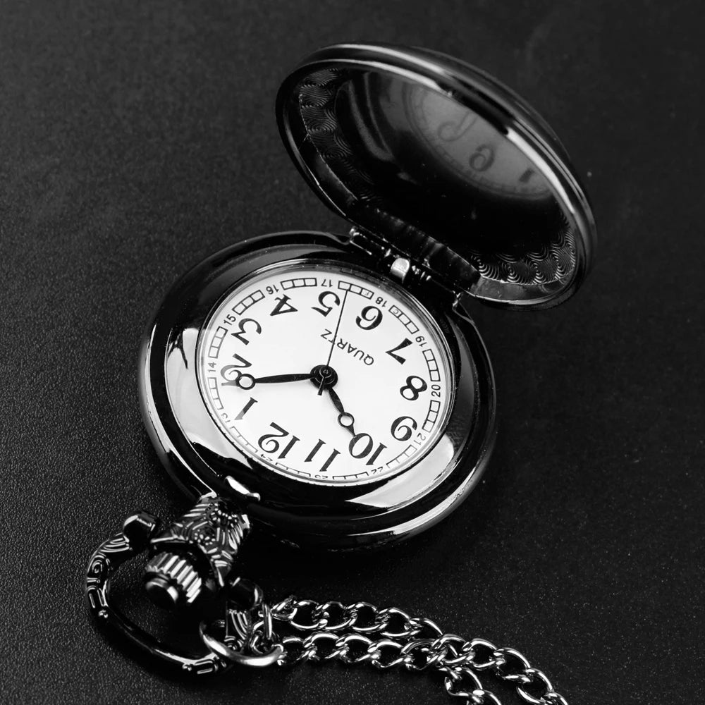 ROUTE 66 Glass Dome Black Quartz Pocket Watch with Arabic Numerals Dial and Durable Chain Gift for Men Women