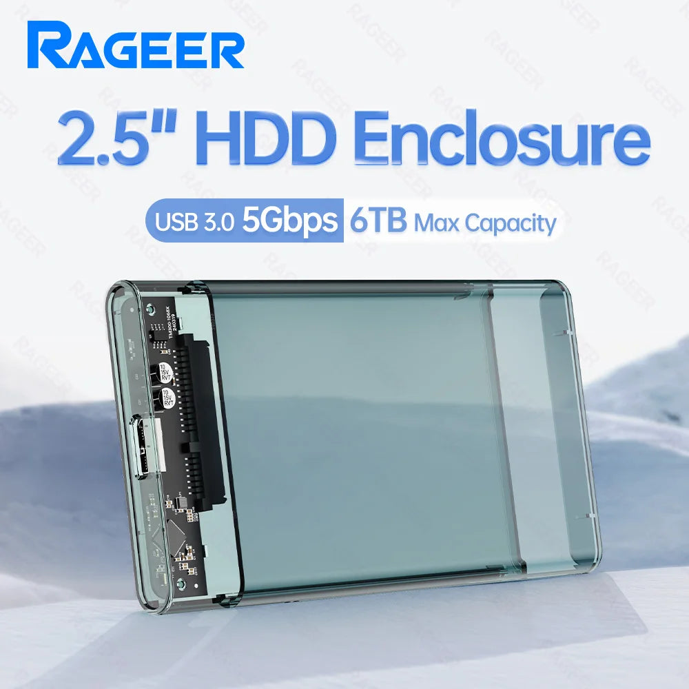 RAGEER Tool-Free Transparent Gray 2.5'' External Hard Drive Enclosure USB to SATA III 5Gbps HDD Case for 7mm/9.5mm Drives w/UASP