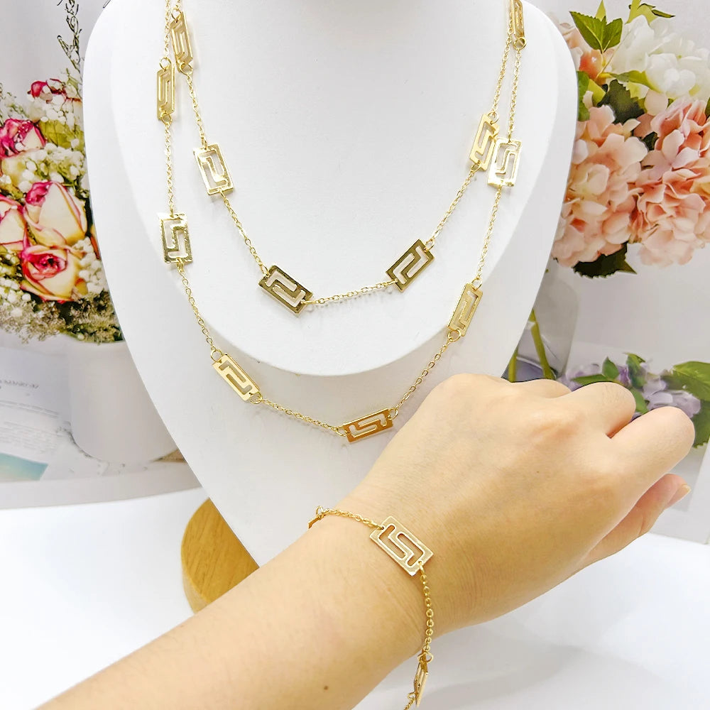 Fashion Long Chain Necklace with Bracelet Classic Gold Color Necklace for Women Trendy Bangles For Women Anniversary Party Gift