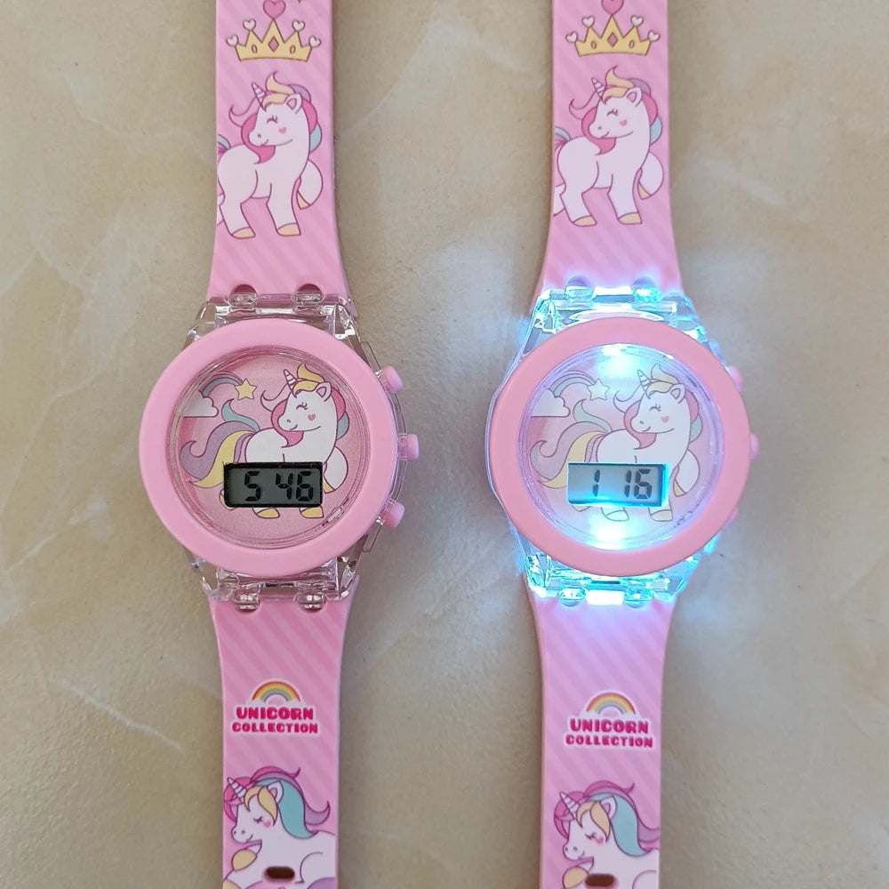 Cartoon Unicorn Collection Rainbow Printed Rubber Girls Kids Children Students Digital Flash Light Glow Up Party Gifts Watches