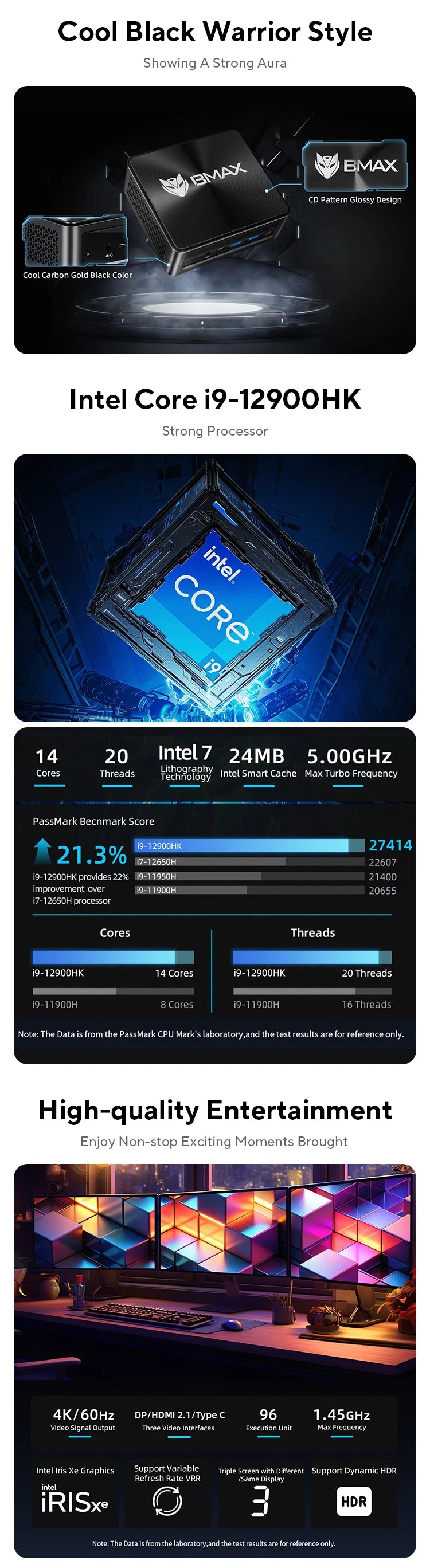 BMAX B9 Power Mini PC Intel Core i9-12900H Turbo Frequency 5.0GHz 24GB DDR5 RAM 1TB NVMe SSD WiFi 6 Bluetooth 5.2