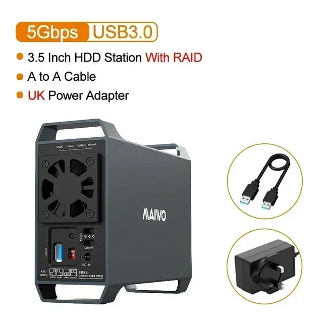 MAIWO 3.5" Dual Bay SATA HDD Hard Drive Enclosure with Cooling Fan for 4 Raid Modes USB 3.0 5Gbps 48TB Capacity Aluminum Alloy