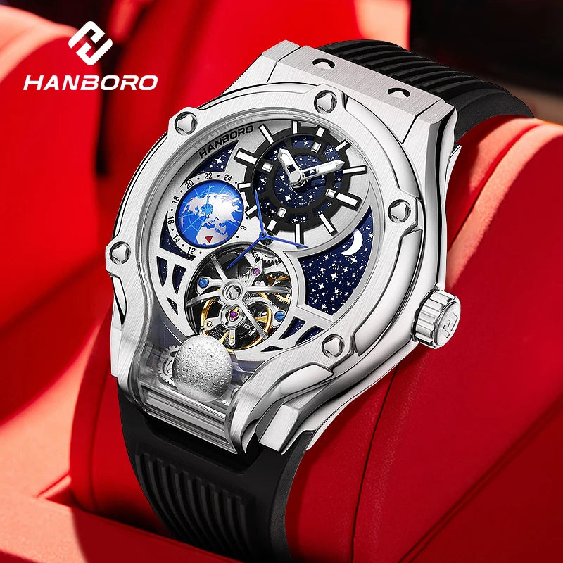 HANBORO fully automatic mechanical men's watch hollowed out wristwatch trend waterproof luminous watch