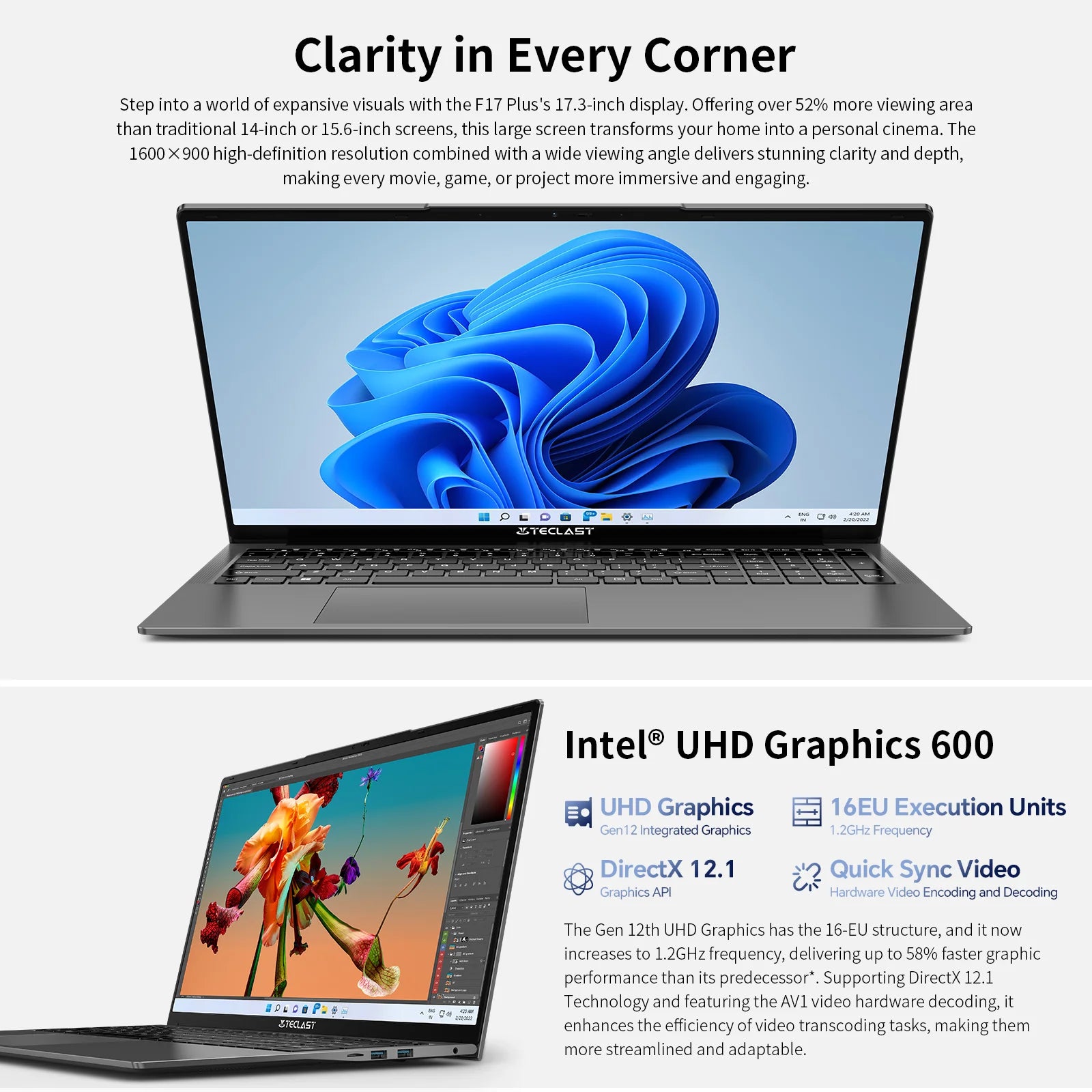 Teclast F17 Plus Laptop 17.3 inch Intel N95 Computer 16GB RAM 512GB SSD Windows 11 Pro 180° Flip Laptops mini-HDMI USB3.2 Type-C