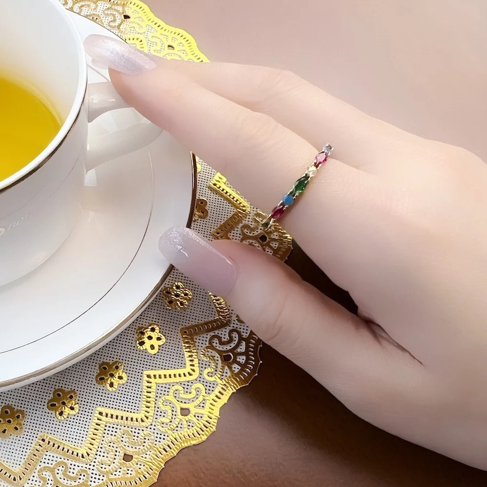 Gold Color Colorful Stones Ring Europe Style Glam Fine Jewerly For Women Gift In 925 Sterling Silver