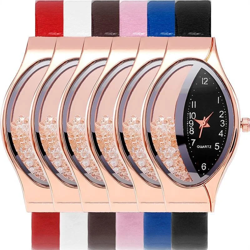Elegant Women Crystal Oval Dial Quartz Wrist Watches Lady Leather Strap  Casual Watch Gift