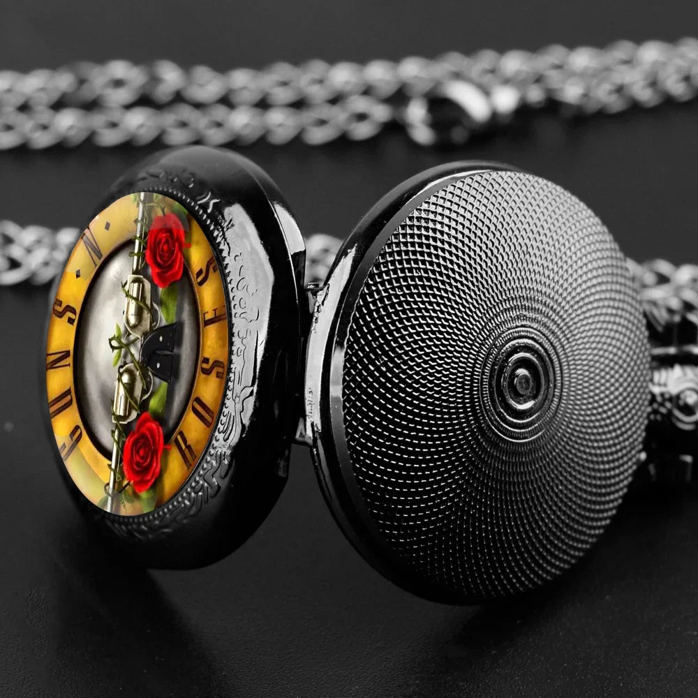 Unique Design Rose with Two Guns Quartz Pocket Watches Men Watch Women's Jewelry Fashion Necklace Pendant Clock Children Gifts