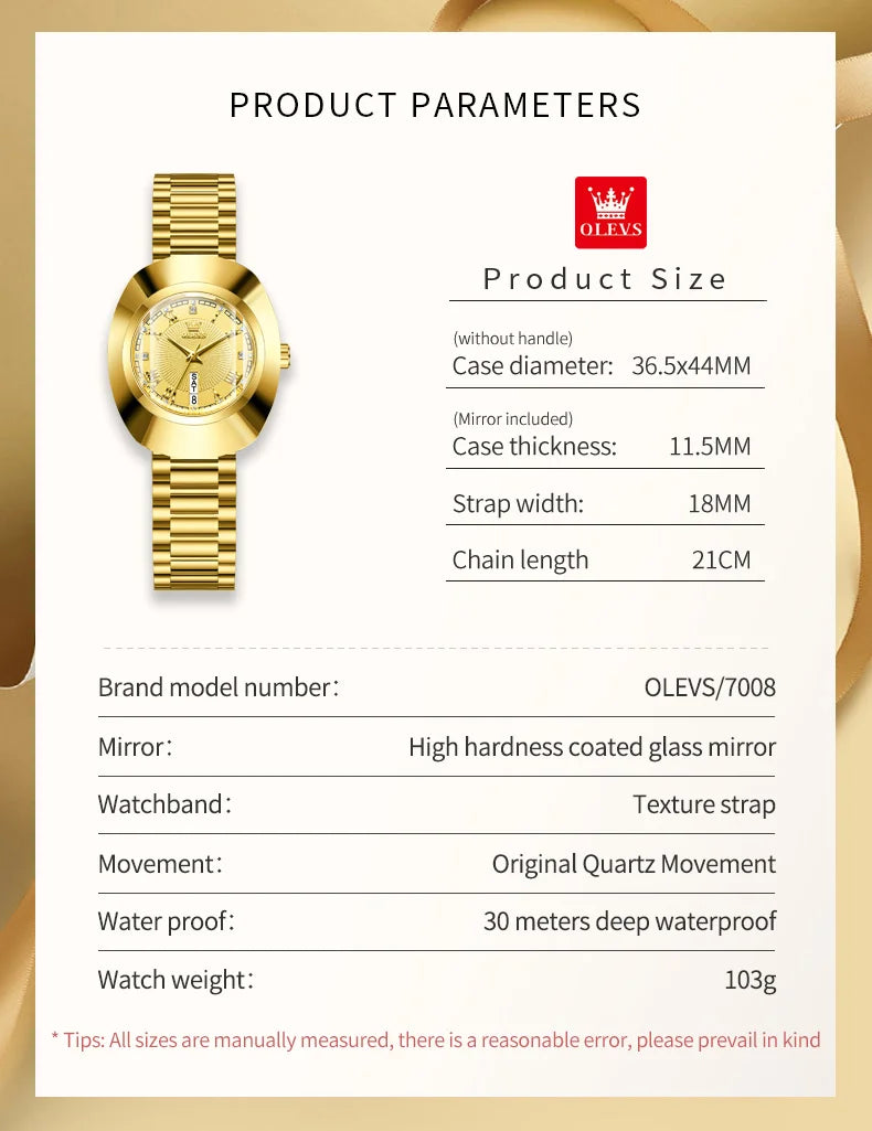 OLEVS 7008 Luxury Quartz Watch for Women Large Dial Tungsten Steel Strap Top Brand Original Golden Women's Decoration Wristwatch