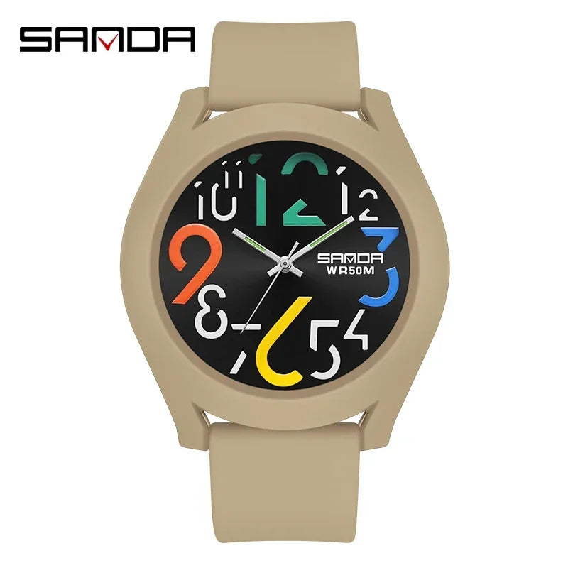 SANDA 9021  Creative Simple Girls 'Watch 2024 New Fashion White Casual Quartz Clock Men'S Watch Silicone Strap Waterproof Watch
