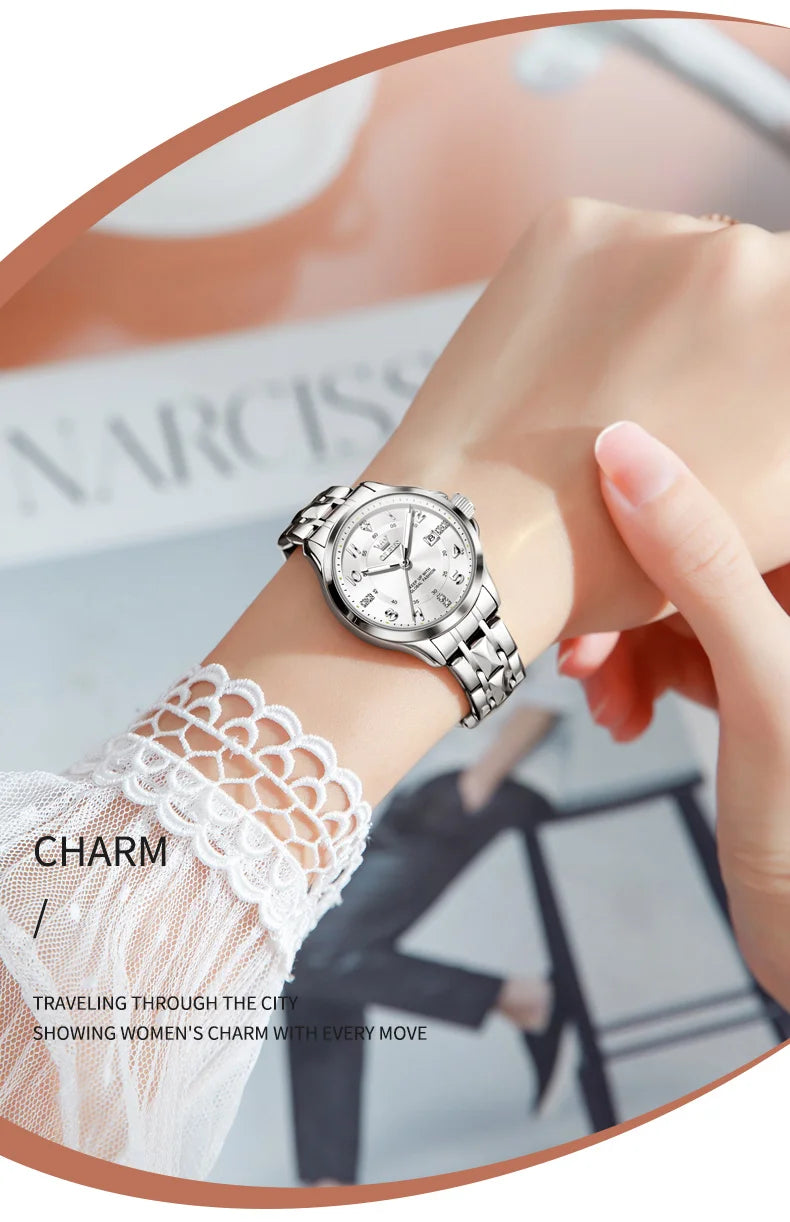 OLEVS 2910 Watch For Men Women Luxury Quartz Couple Watches Waterproof Stainless Steel Hand Clock Diamond Number Dial Wristwatch