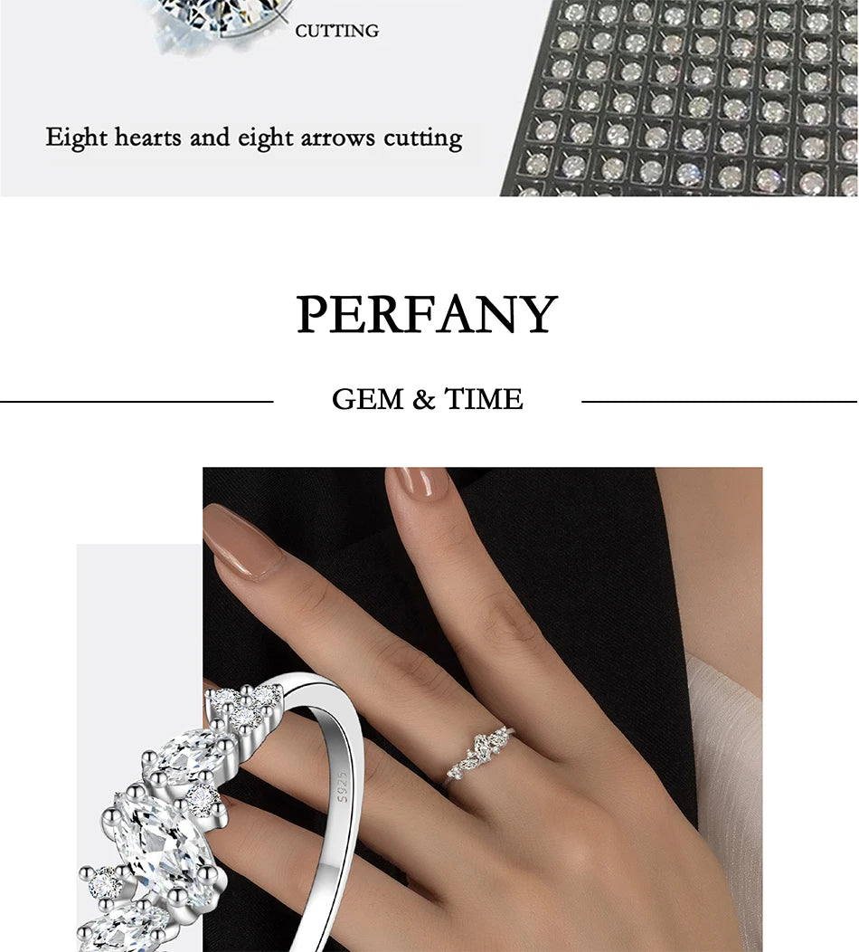PERFANY 0.58CT Marquise Cut Moissanite Women's Ring S925 Pure Silver Laboratory Cultivated Diamond Fashion Design Jewelry