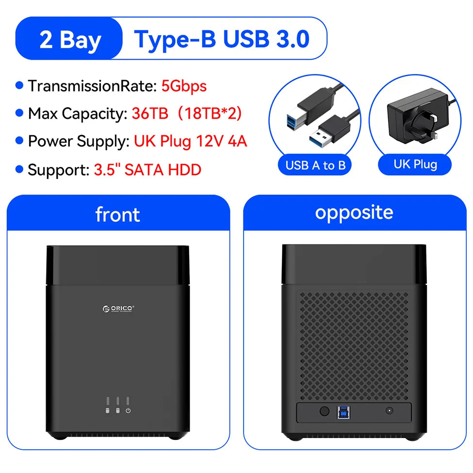 ORICO 2 Bay HDD Enclosure Hard Drive Case 3.5" SATA Docking Station USB 3.0 Type C DAS Storage Box 36TB Expansion for PC Laptop