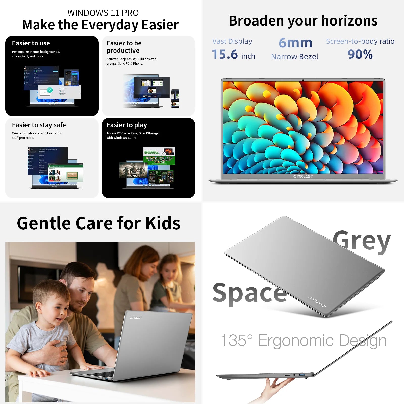 TECLAST F16 Pro 15.6 inch Laptop 16GB RAM 512GB SSD Computers for Intel N95 CPU 1920x1080 IPS Backlit Keyboard Mini-HDMI WiFi 6 USB3.2 F16Pro Notebook