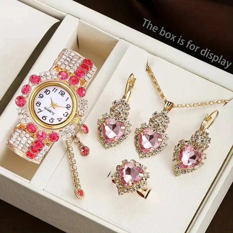 5PCS/Set Luxury Rhinestone Women Watches Fashion Adjustable Bangle Ladies Quartz Wristwatch Jewelry Set Reloj Mujer（Without Box）